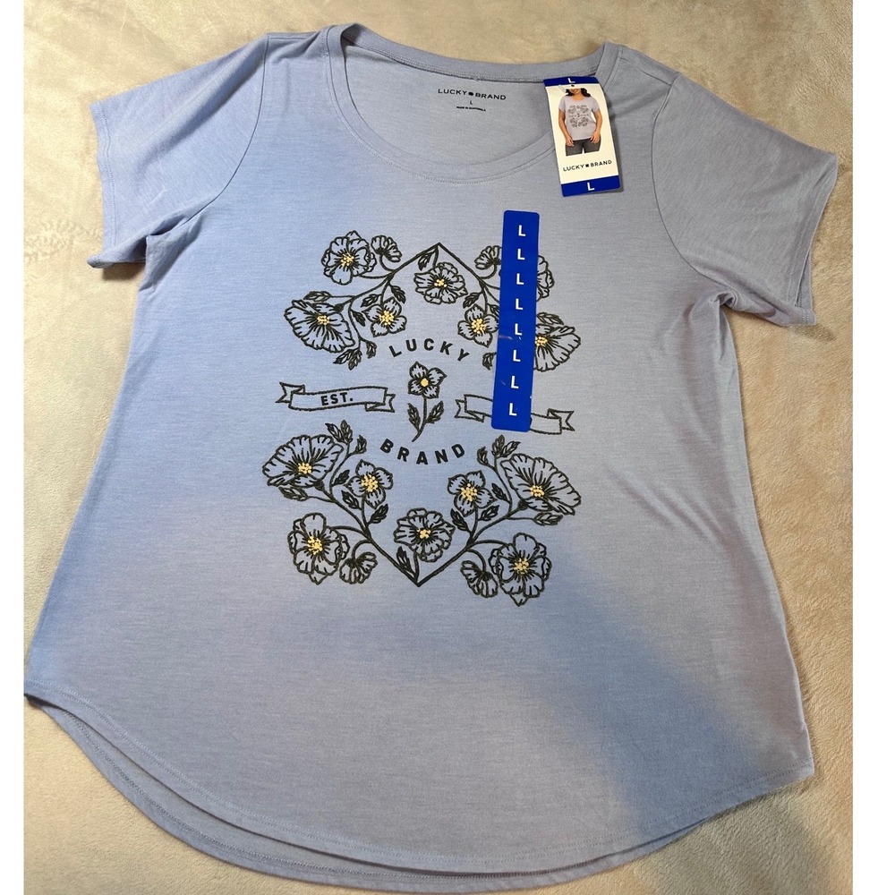 Lucky Brand Womens Floral Graphic Tee Light Blue Short Sleeve Scoop Neck L NEW
